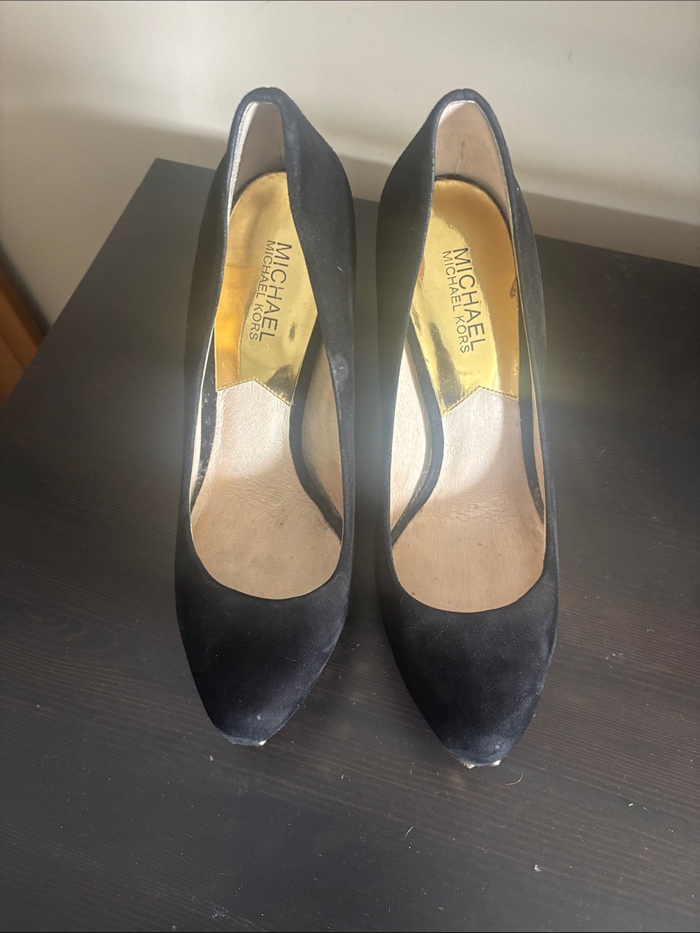 Michael Kors Black Suede Pointed-Toe Pumps with Gold Insole